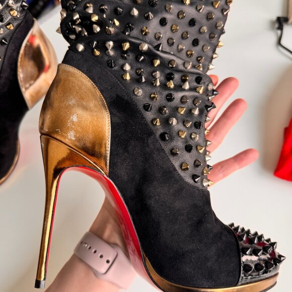 Christian Louboutin Spiked Ankle Boots Black/Gold Size 6.5 Red Sole New w/ Pouch - Picture 10 of 13